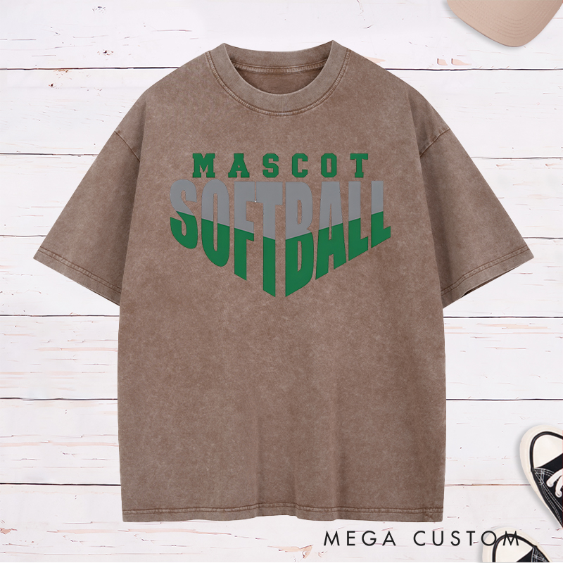 Personalized Softball Washed T-Shirt Design Featuring Custom Team Name Bold Split-Tone Typography Dynamic Angular Layout and Modern Sports Aesthetic