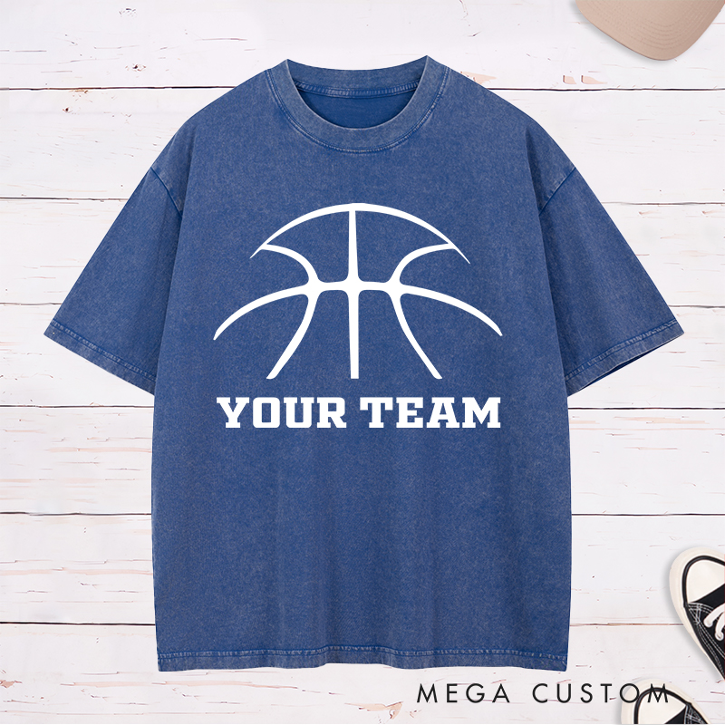 Personalized Washed T-Shirt Design Featuring a Minimalist Basketball Graphic with Customizable Team Name in Bold Text