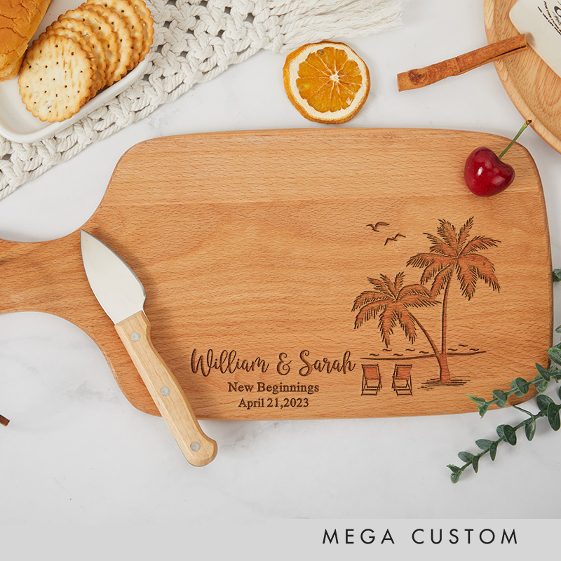Personalized Beach Palm Tree Wooden Cutting Board with Custom Names Date and New Beginnings for Housewarming Gifts