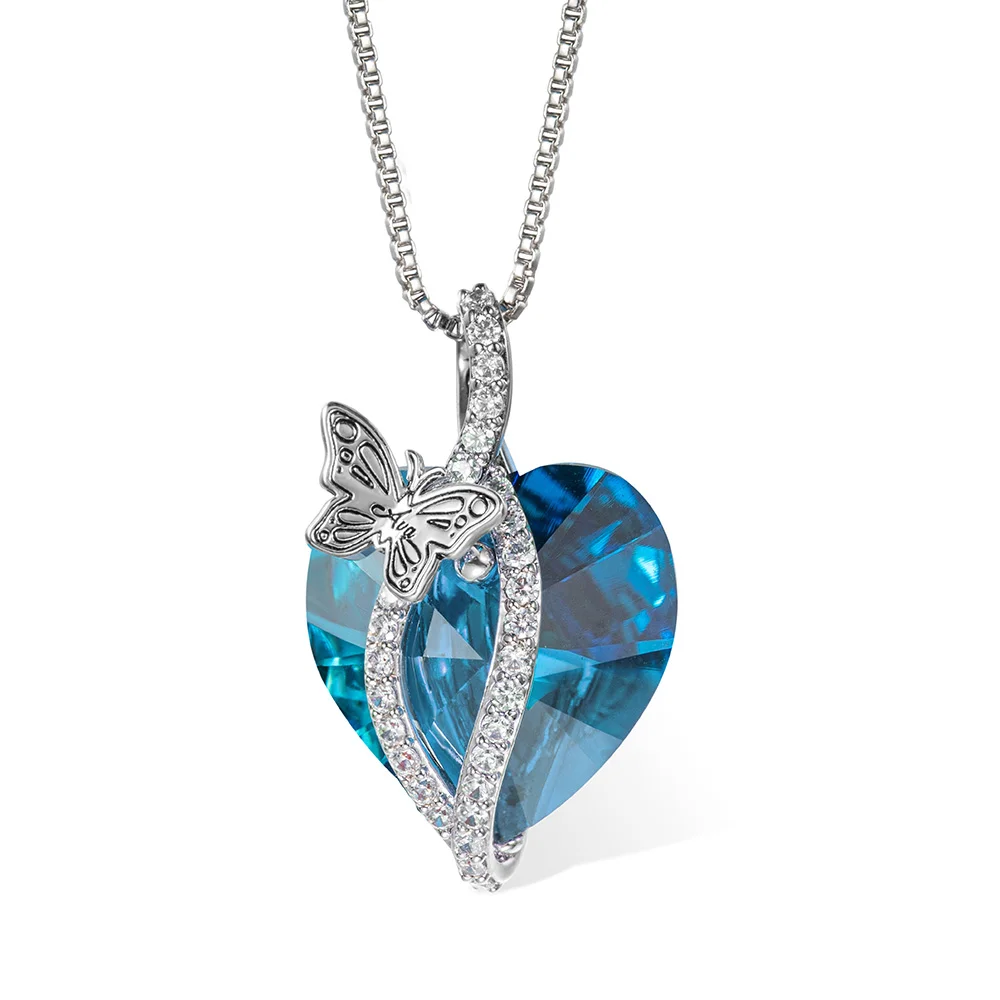 Personalized Birth Month Butterfly Zircon Crystal Heart Pendant Necklace with 1-6 Engraved Name Birthday Mother's Day Gardening Loves Gift for Women