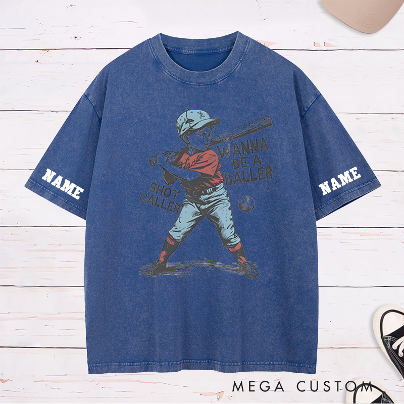 Personalized "Wanna Be a Baller" Vintage Baseball Washed T-Shirt with Custom Name and Number 