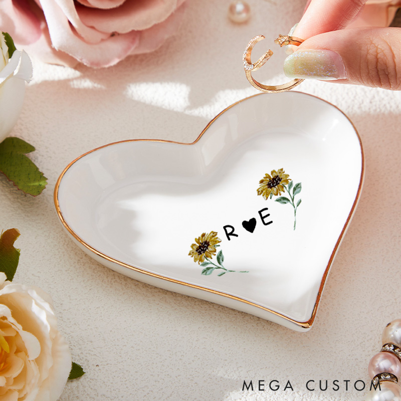 Personalized Cheerful Watercolor Sunflowers with Initials and Heart Wedding Engagement Gold-Trimmed Ring Dishes