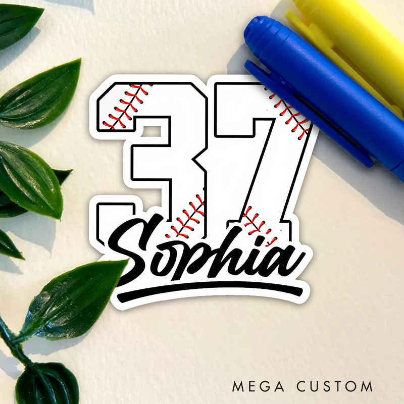 Personalized Baseball Sticker with Bold Number and Custom Name Design