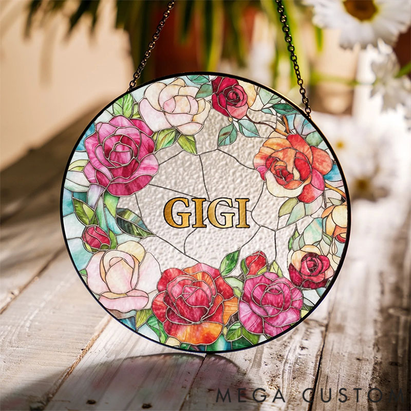 Personalized Floral Glass Suncatcher for Grandma, Mimi Nana Flower Window Hanging, Grandmother Christmas Gift from Grandkids, Birthday Gift