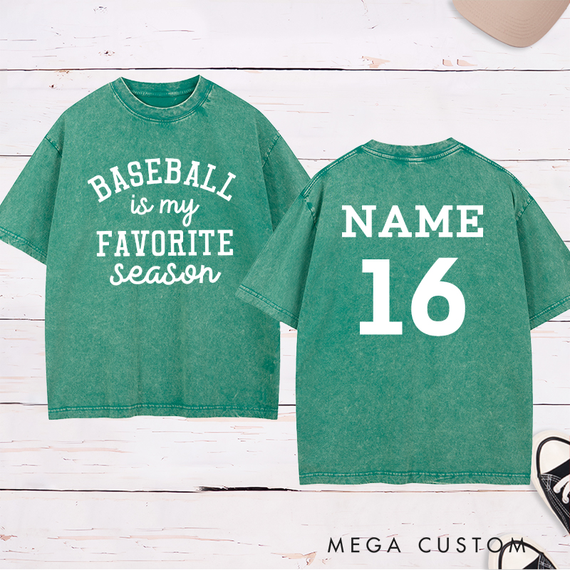 Personalized Baseball Season Washed T-Shirt with Custom Name and Number