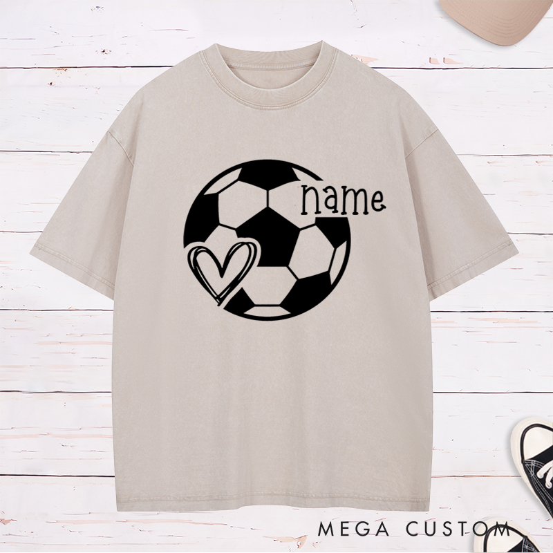 Personalized Soccer Heart Washed T-Shirt with Custom Name Design