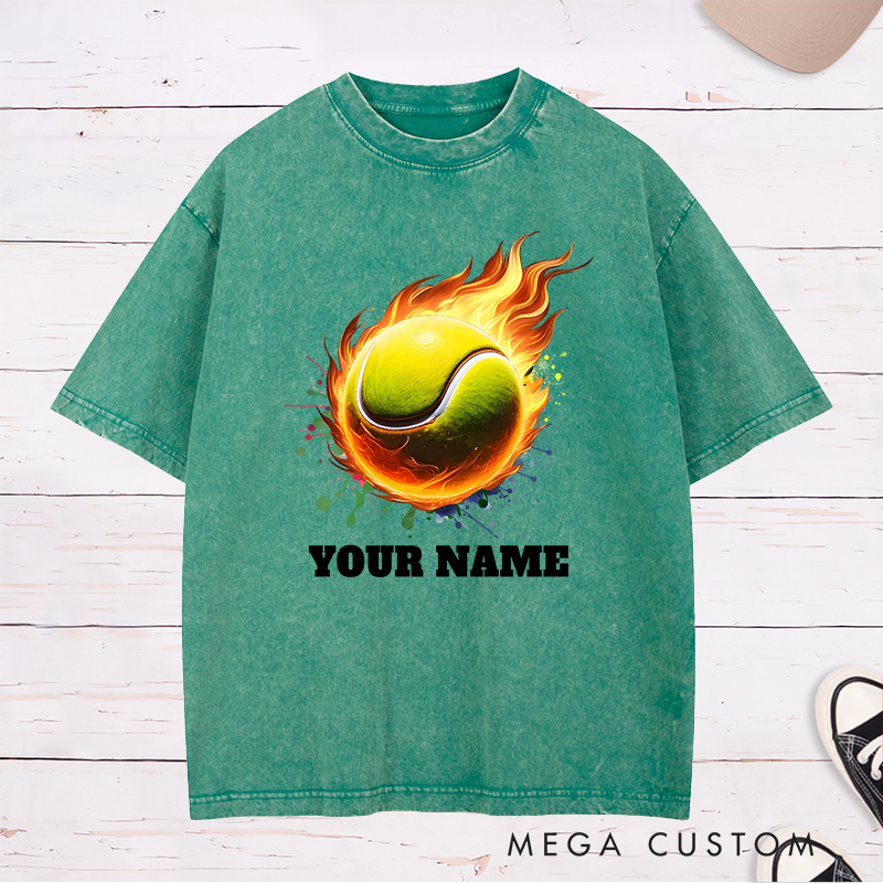 Personalized Tennis Washed T-Shirt with Flaming Ball and Custom Name 