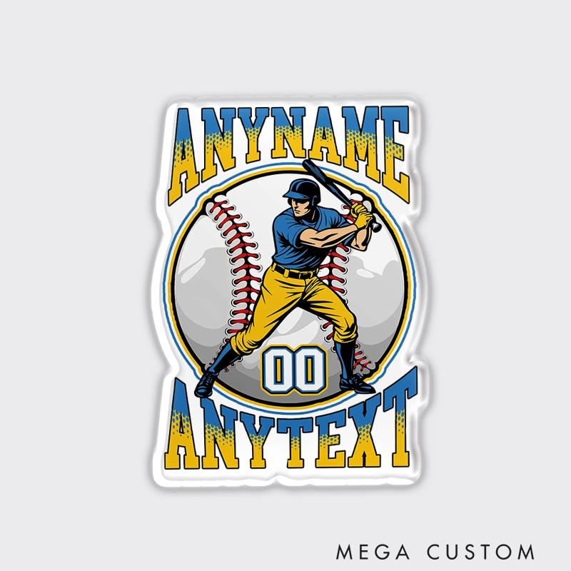 Personalized Baseball Fridge Magnet with Swinging Batter and Custom Name  