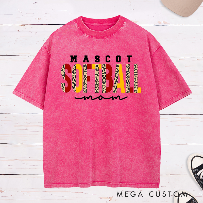 Personalized Softball Mom Washed T-Shirt Design Featuring Custom Team Name Leopard Print Bold Typography and Stylish Script Accent
