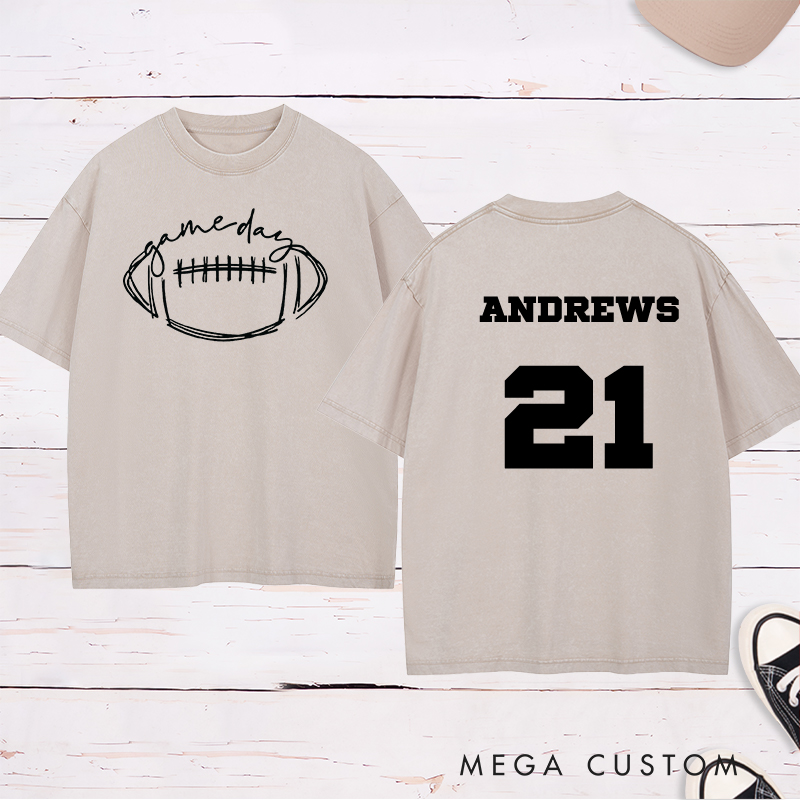 Personalized American Football and Rugby Washed T-Shirt with Custom Name and Number for Game Day