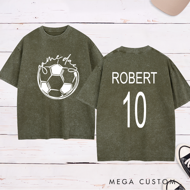 Personalized Washed Soccer T-Shirt with Custom Name, Number, and "Game Day" Graphic Design