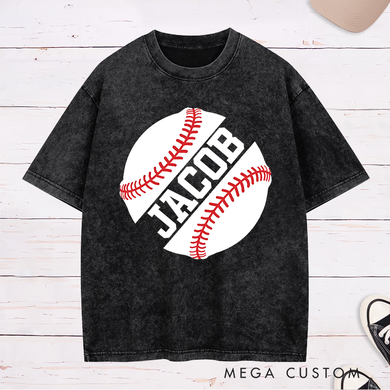 Personalized Game Day Washed T-Shirt with Striking Half Baseball Art and Custom Text