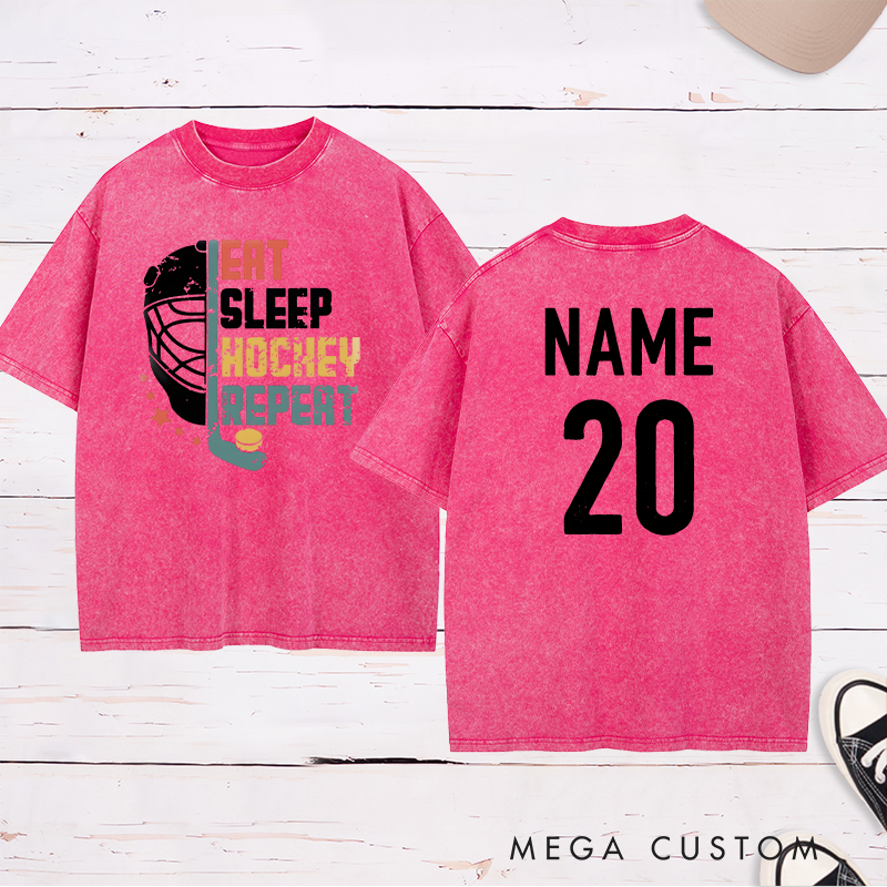 Personalized "Eat, Sleep, Hockey, Repeat" Washed T-Shirt with Custom Name and Number