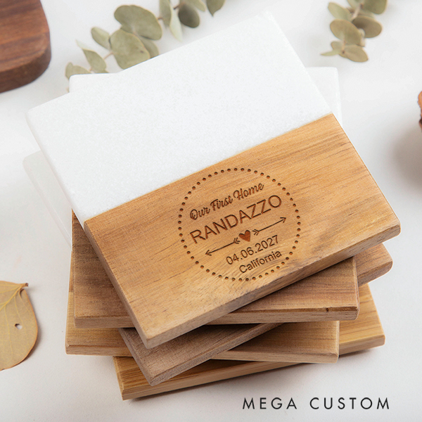 Personalized Marble and Wood Coaster Custom First Home Coaster Wedding Housewarming Gift New Home Gift Our First Home for Couple Coasters