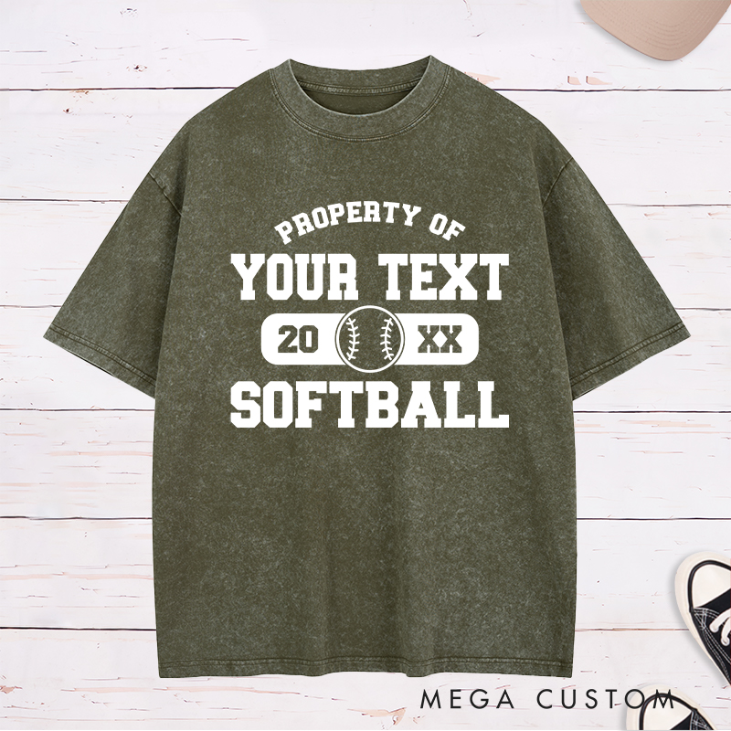 Personalized "Property of" Softball Washed T-Shirt Design Featuring Custom Text Year and Central Softball Graphic for a Classic Team Look