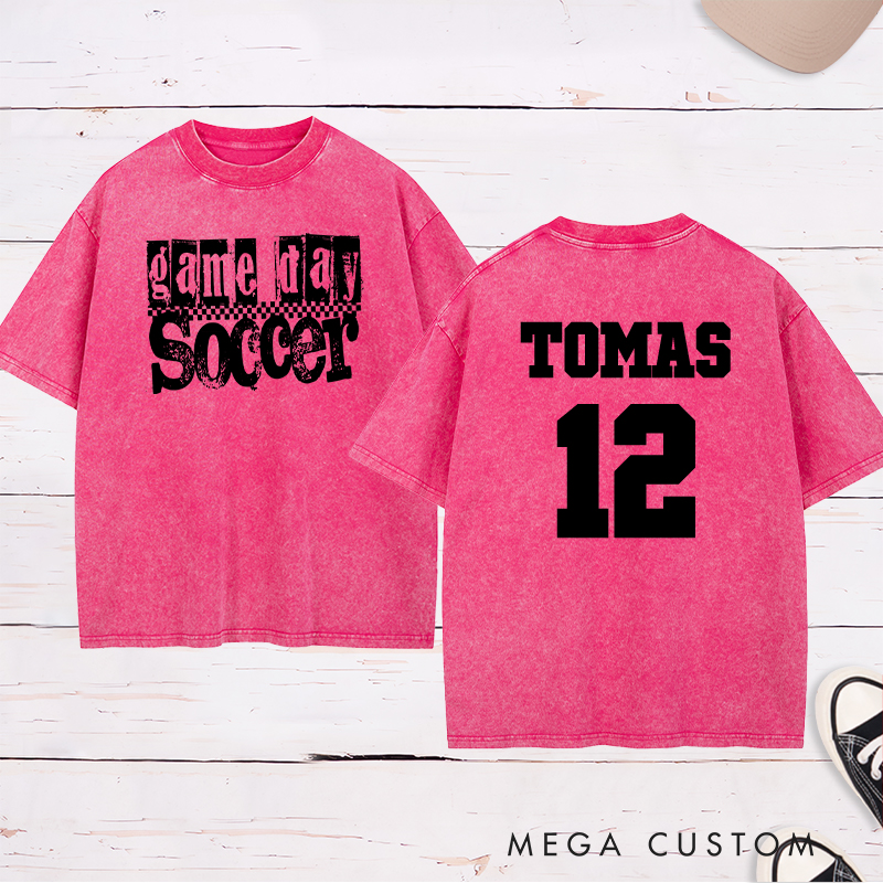 Personalized Game Day Soccer Washed T-Shirt with Grunge Checkerboard Design and Custom Name and Number