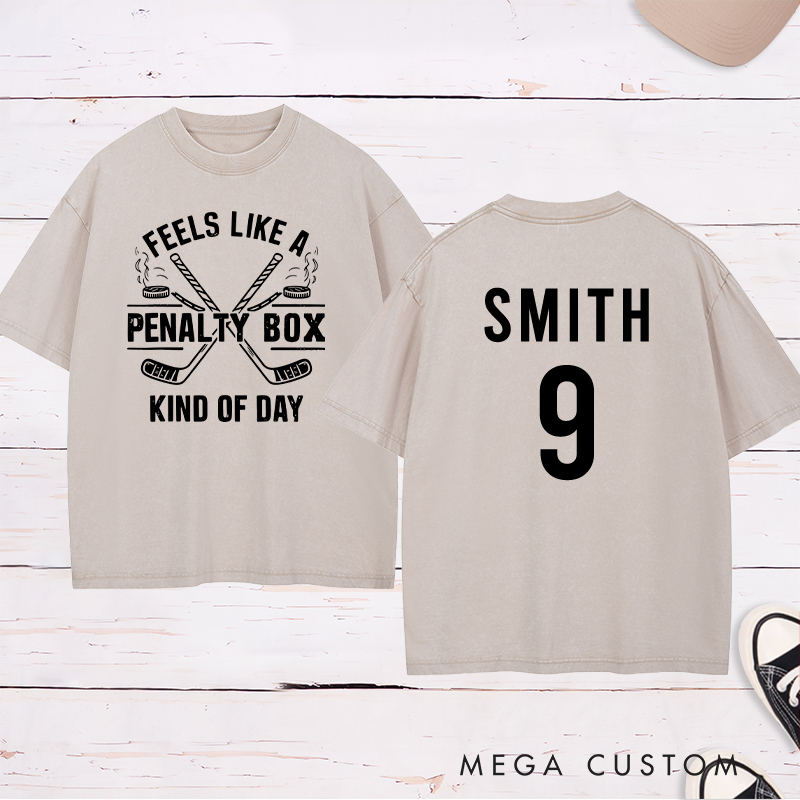 Personalized "Penalty Box Kind of Day" Hockey Washed T-Shirt with Custom Name and Number