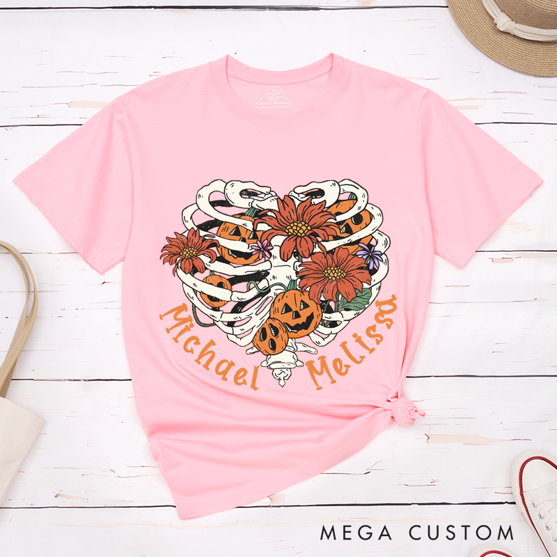 Personalized Heart Skull Pumpkin Couple Halloween T-Shirt 