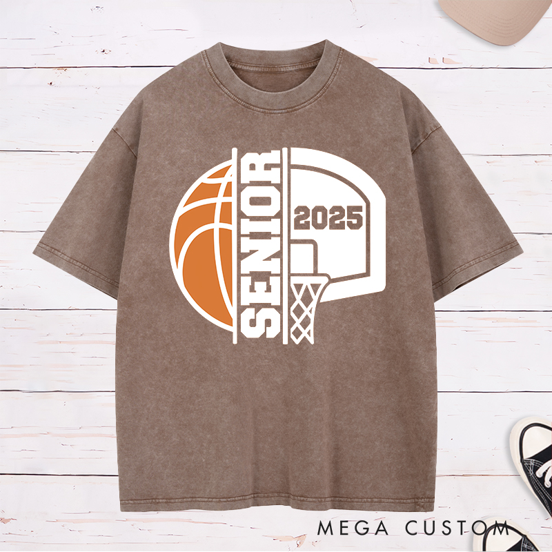Personalized Washed T-Shirt Design Featuring Bold Basketball Graphics Highlighting "Senior" Status and a Customizable Graduation Year