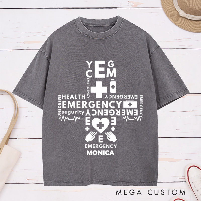 Personalized Nurse Washed T-Shirt Customized Emergency Cross Design Washed T-Shirt 