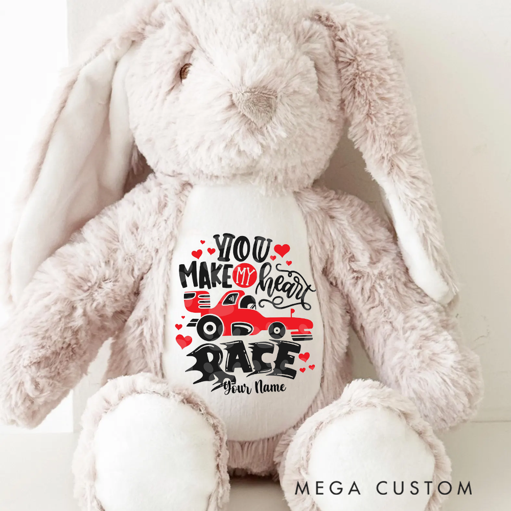 Personalized Racing Bunny Plush Custom Gift for Easter Valentine’s Day and Car Enthusiasts