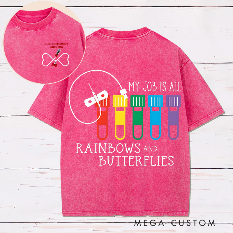 Personalized Two Sides Printed Washed T-Shirt Customized My Job is All Rainbows and Butterflies Design Washed T-Shirt 
