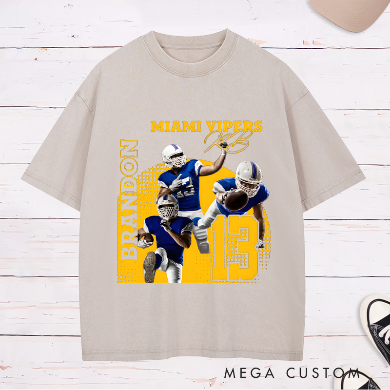 Personalized Washed American Football T-Shirt with Custom Photo, Name, Team Name, and Number Design