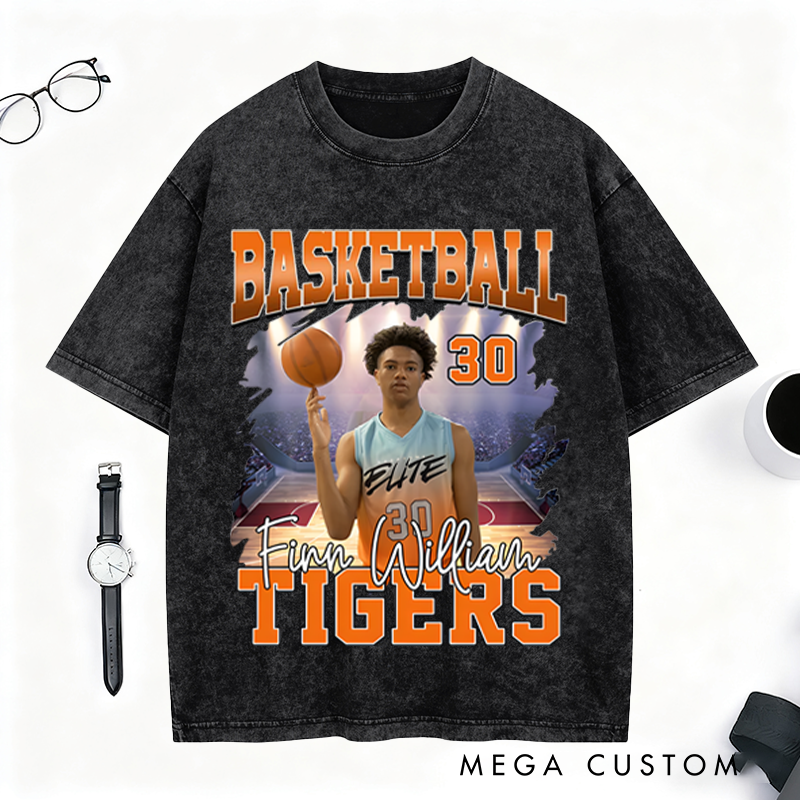 Personalized Basketball Washed T-Shirt Featuring Custom Photo and Team Design