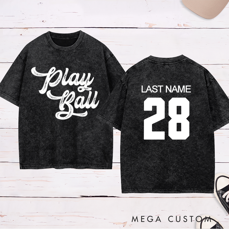 Personalized "Play Ball" Washed T-Shirt with Custom Name and Number