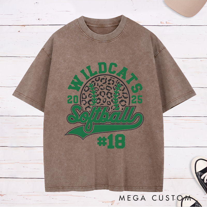 Personalized Customizable Softball Team Washed T-Shirt Design Featuring Bold Arched Team Name Leopard Print Softball Graphic Stylized Script Text for Softball and Custom Player Number