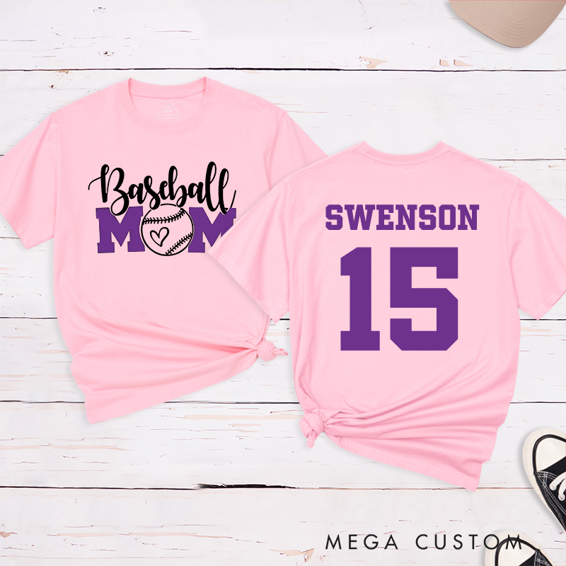 Personalized Baseball Mom T-Shirt with Heart-Inspired Design and Custom Name and Number