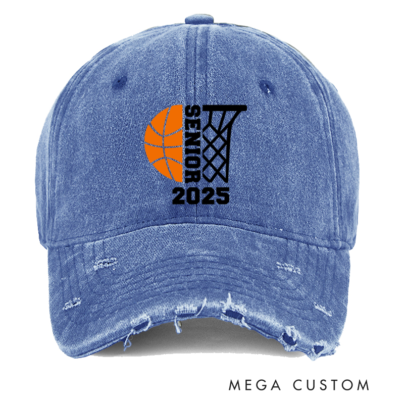Personalized Distressed Senior Cap with Basketball and Hoop Design and Customizable Year