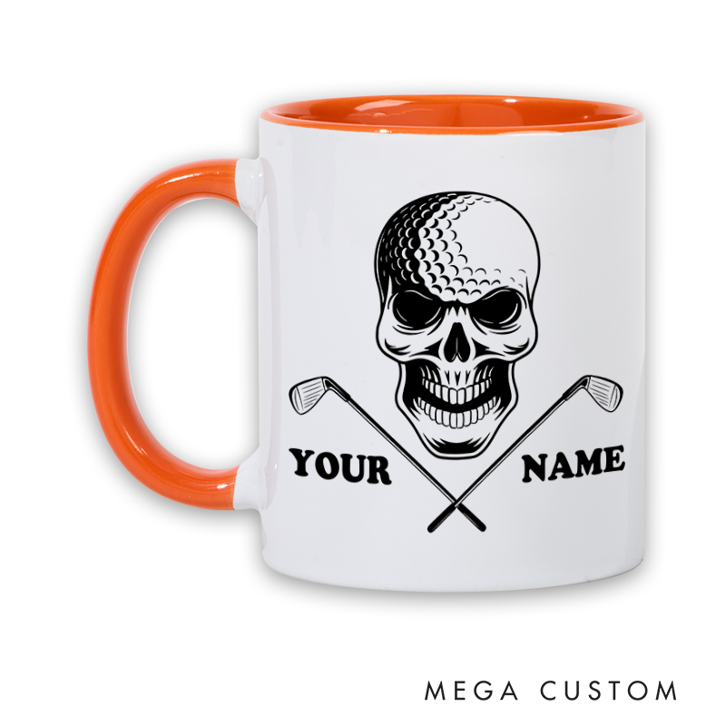 Personalized Skull Golf Mug with Custom Name and Crossed Clubs Design Perfect Gift for Golf Enthusiasts