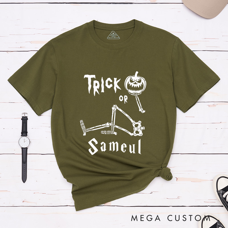 Personalized Halloween Trick or Treat Couple Matching Skeleton T-Shirt