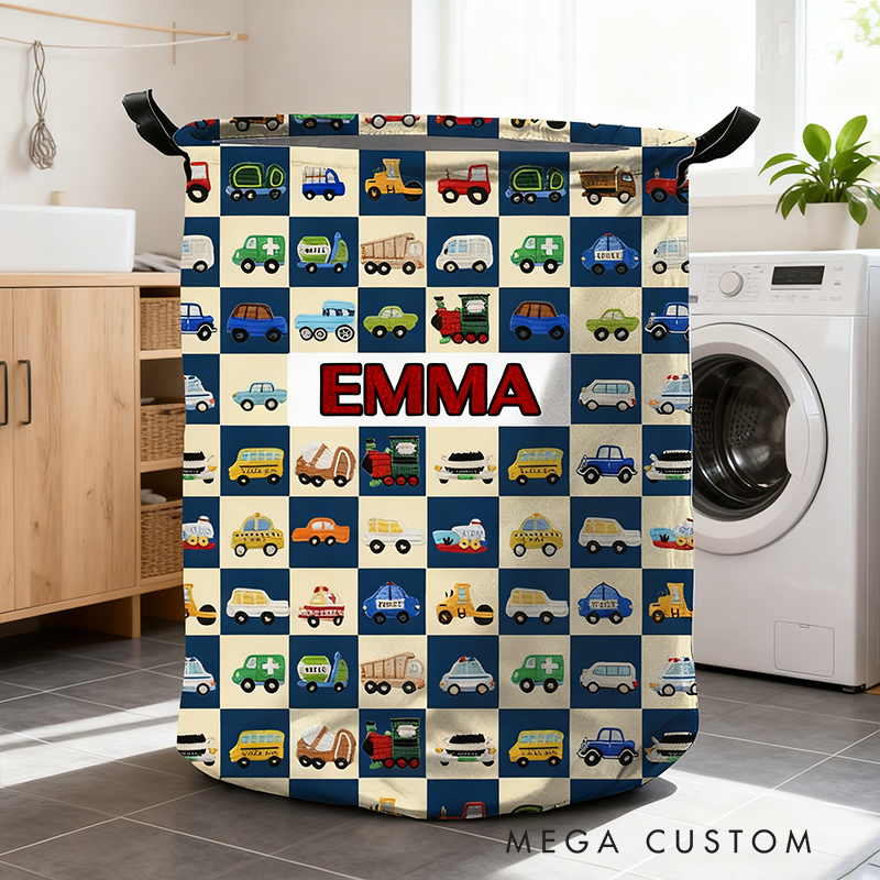 Personalized Cute Car Plaid Print Large Waterproof Laundry Storage Basket with Handle Custom Name Gift for Kids