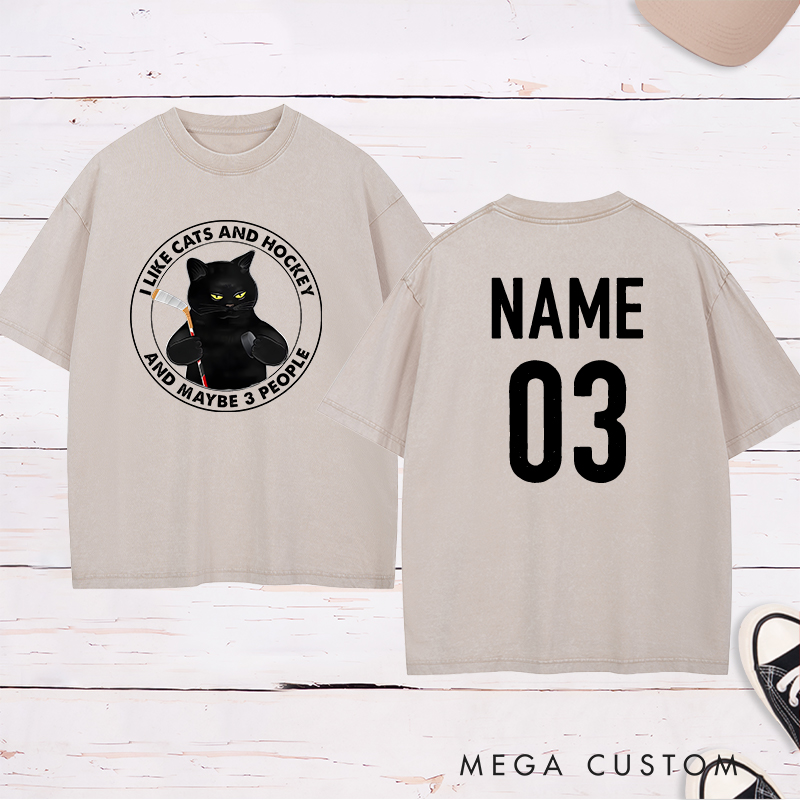 Personalized Funny Cat and Hockey Lover Washed T-Shirt with Custom Name and Number