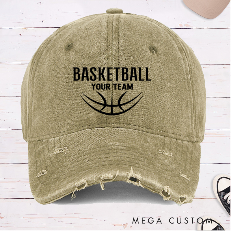 Personalized Distressed Denim Basketball Cap with Custom Team Name and Modern Basketball Graphic Design