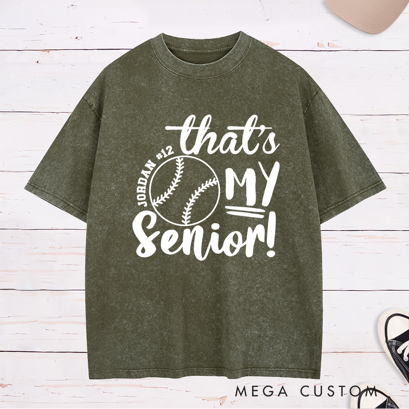 Personalized Senior Softball Spirit Washed T-Shirt Design Perfect for School Teams Featuring Custom Name Number and Bold Text with a Softball Graphic