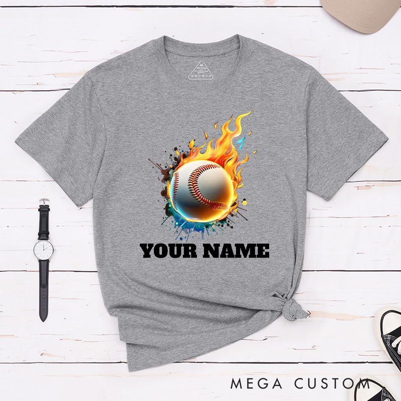  Personalized Flaming Baseball T-Shirt with Custom Name  