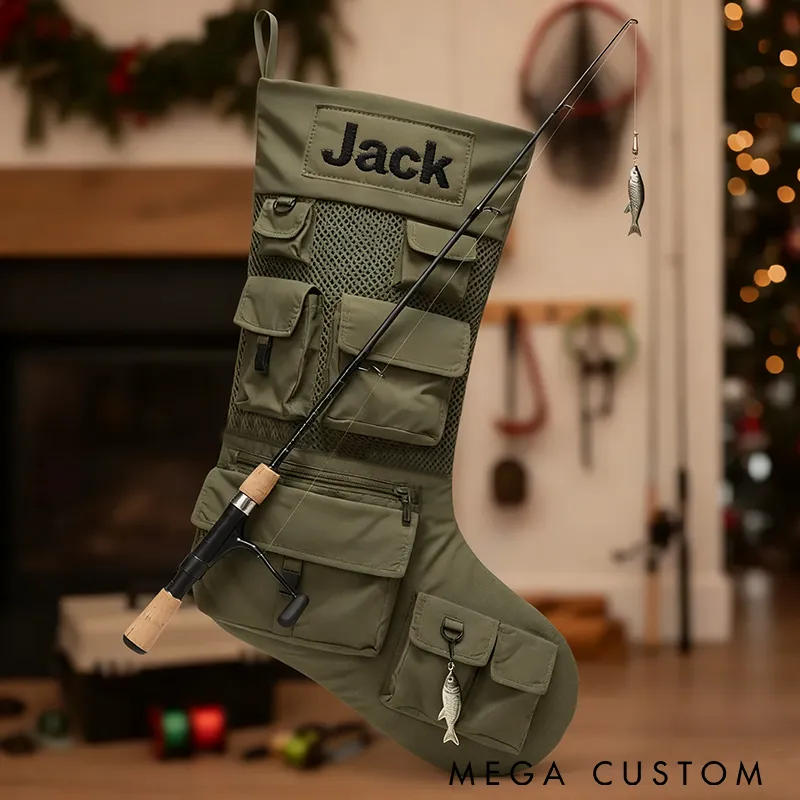 Personalized Fishing Christmas Stocking Christmas Decor Custom Name Stocking Multi-Pocket Design Perfect Holiday Gift for Anglers