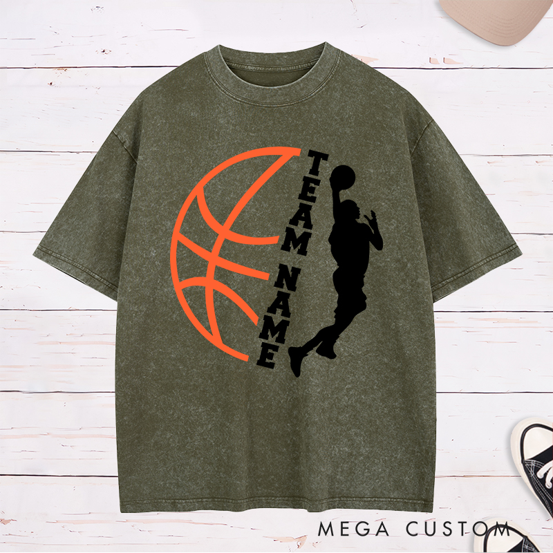 Personalized Washed T-Shirt Design Featuring Custom Team Name with Dynamic Dunking Player Silhouette and Bold Basketball Graphic