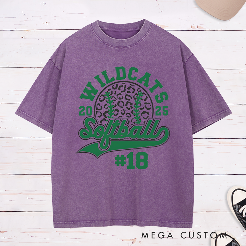 Personalized Customizable Softball Team Washed T-Shirt Design Featuring Bold Arched Team Name Leopard Print Softball Graphic Stylized Script Text for Softball and Custom Player Number