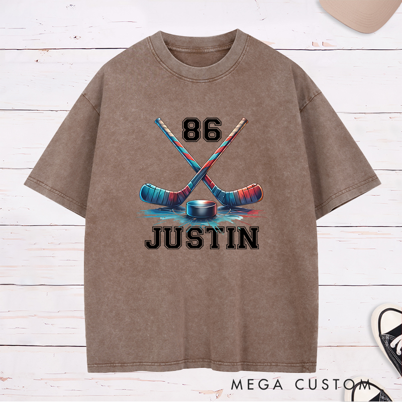 Personalized Ice Hockey Washed T-Shirt with Crossed Sticks and Custom Name  