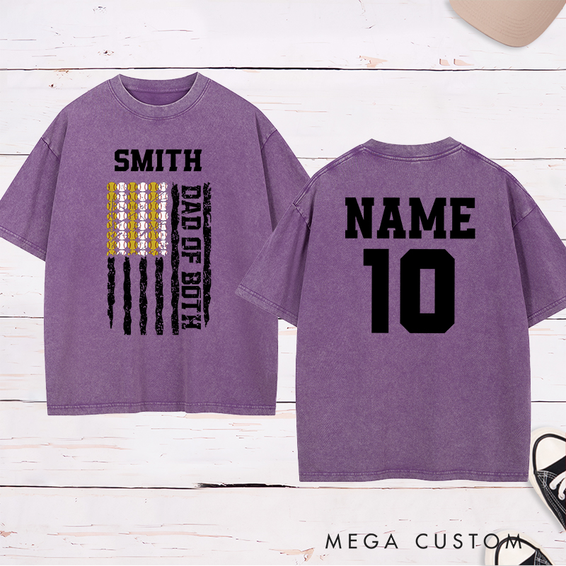 Personalized Dad of Both Washed  T-Shirt with Custom Name and Dual Sports Design Perfect Gift for Proud Softball and Baseball Dads