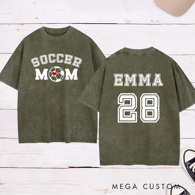 Personalized Washed Soccer Mom T-Shirt with Custom Name, Number, and Bold Graphic Design