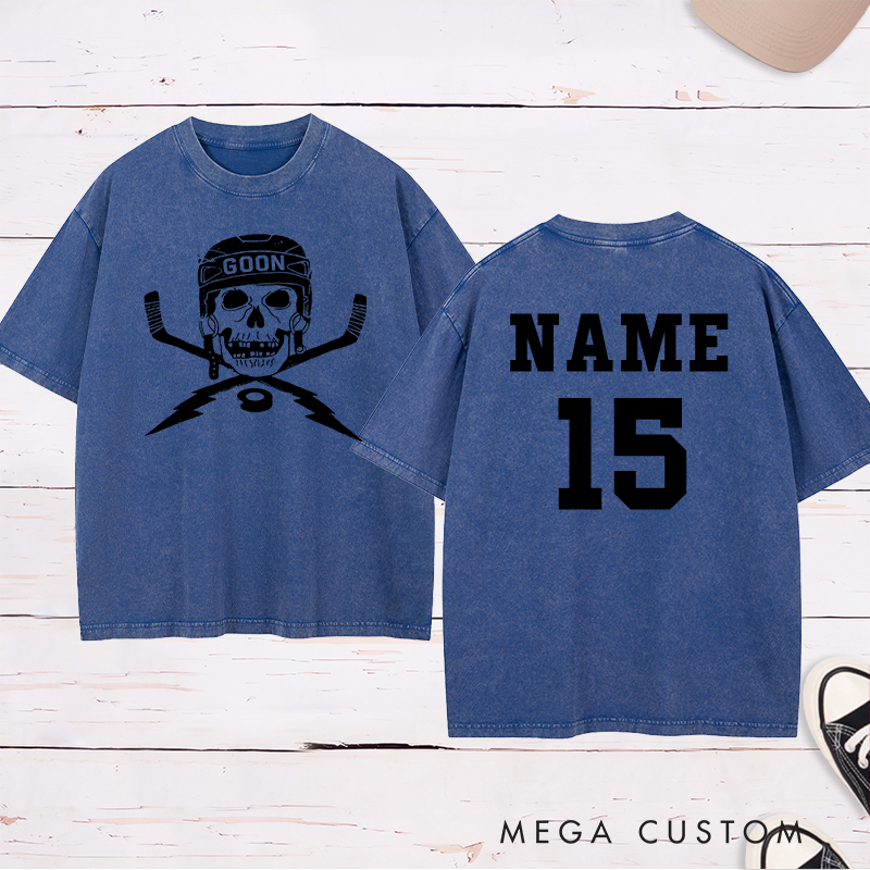 Personalized "Goon Skull" Hockey Washed T-Shirt with Custom Name and Number