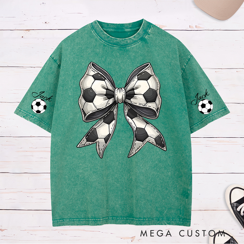 Personalized Soccer Washed T-Shirt with Stylish Soccer Ball Bow and Custom Name