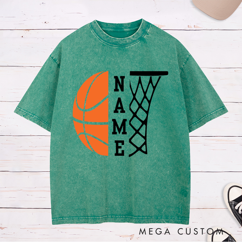 Personalized Washed T-Shirt Design Featuring a Bold Basketball and Hoop Graphic with Customizable Vertical Name Option