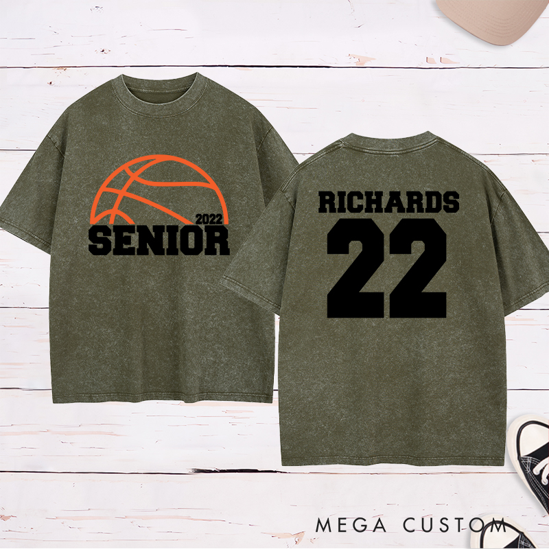 Personalized Washed T-Shirt Design Featuring Basketball Graphic and Customizable "Senior" Year Text for a Sporty and Memorable Look