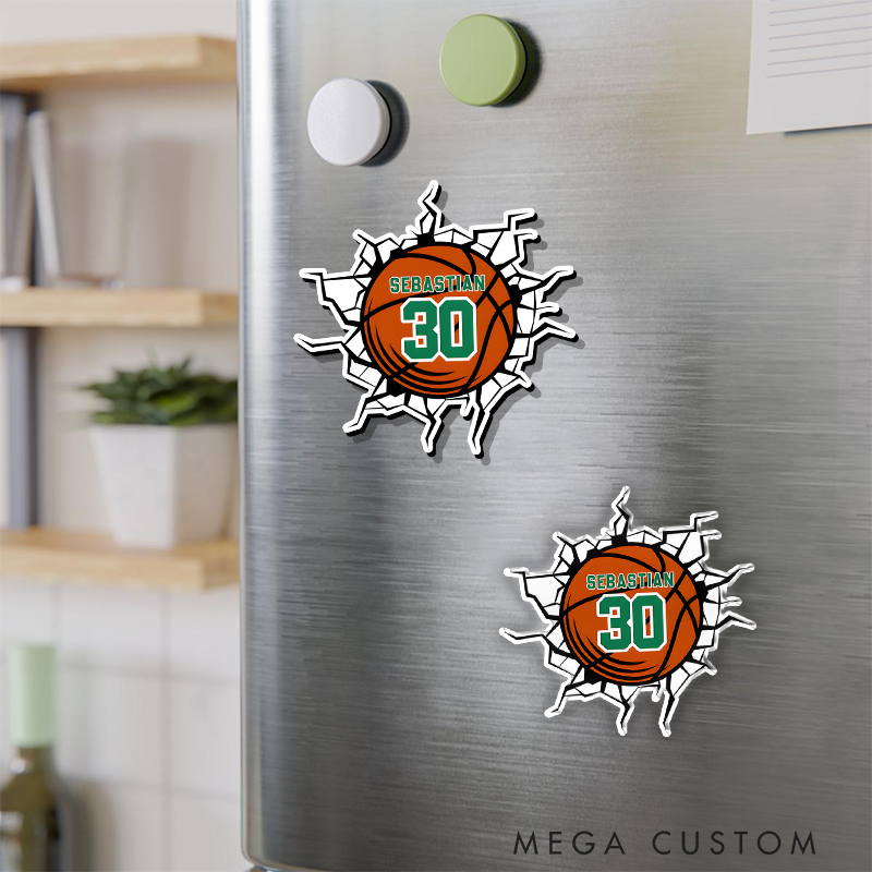 Personalized Basketball Refrigerator Magnet with Cracked Wall Effect Custom Name and Jersey Number Design